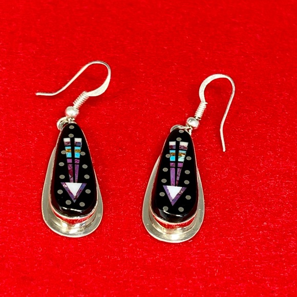 Sterling and Multi-Stone Inlay Teardrop Native American Earrings - Picture 5 of 9